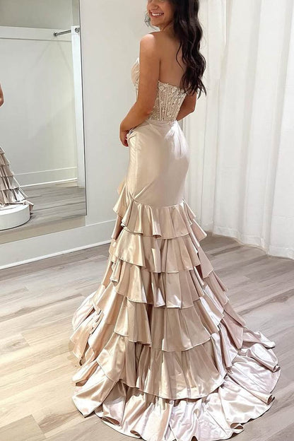 Sevoba|Pink Strapless Scoop Layered Pleated Mermaid Prom Dress with Slit
