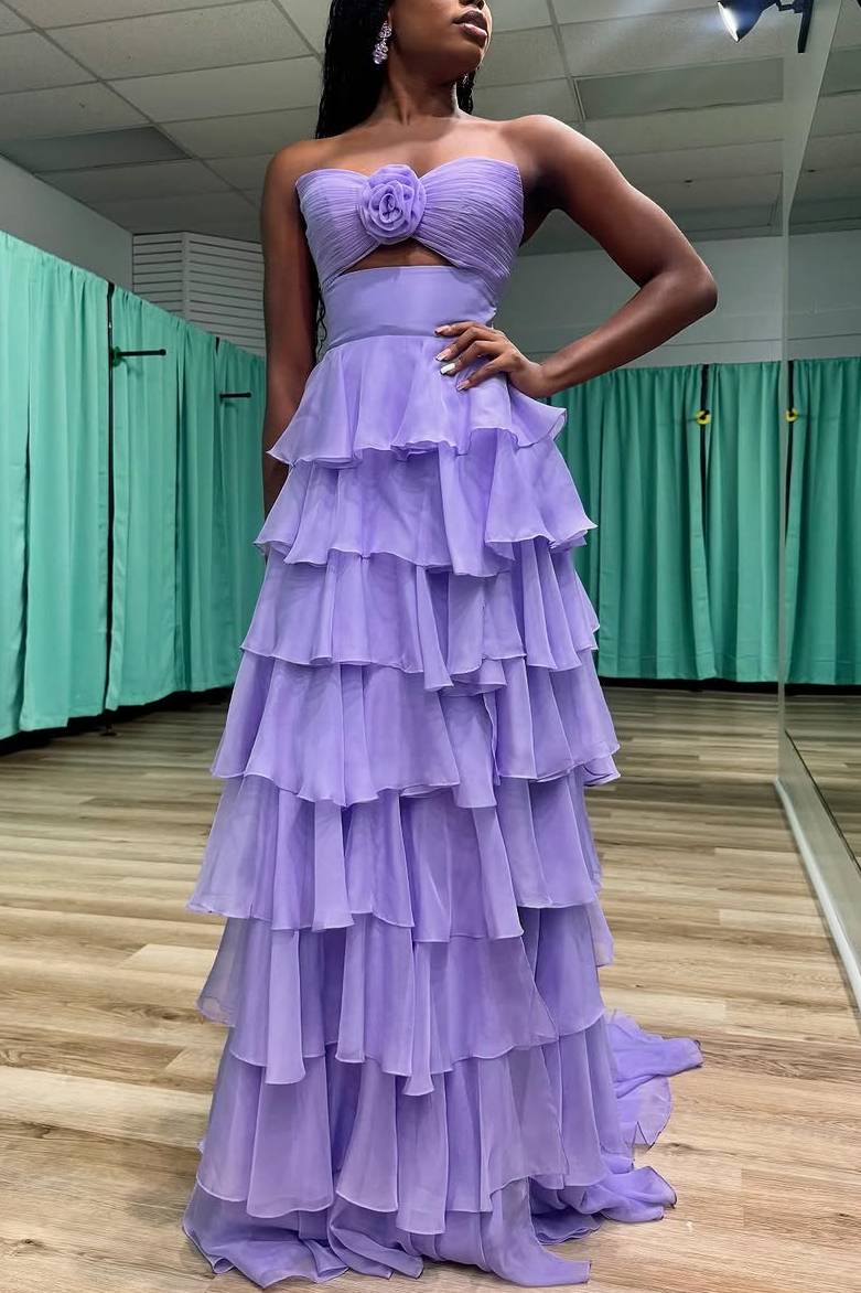 Sevoba|A-Line Strapless V-Neck Layered Chiffon Sleeveless Formal Prom Dress