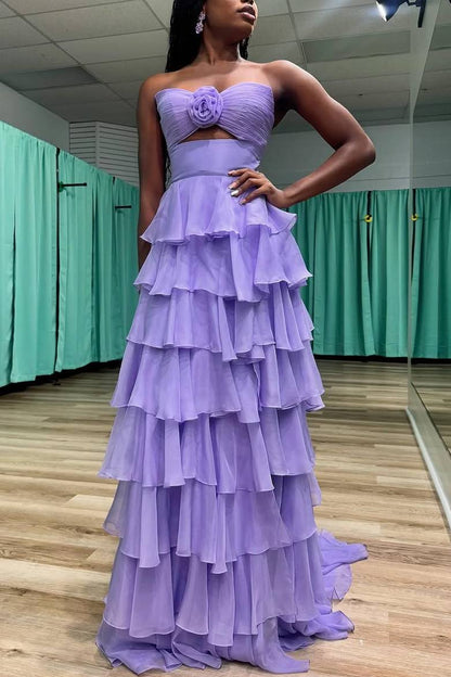 Sevoba|A-Line Strapless V-Neck Layered Chiffon Sleeveless Formal Prom Dress