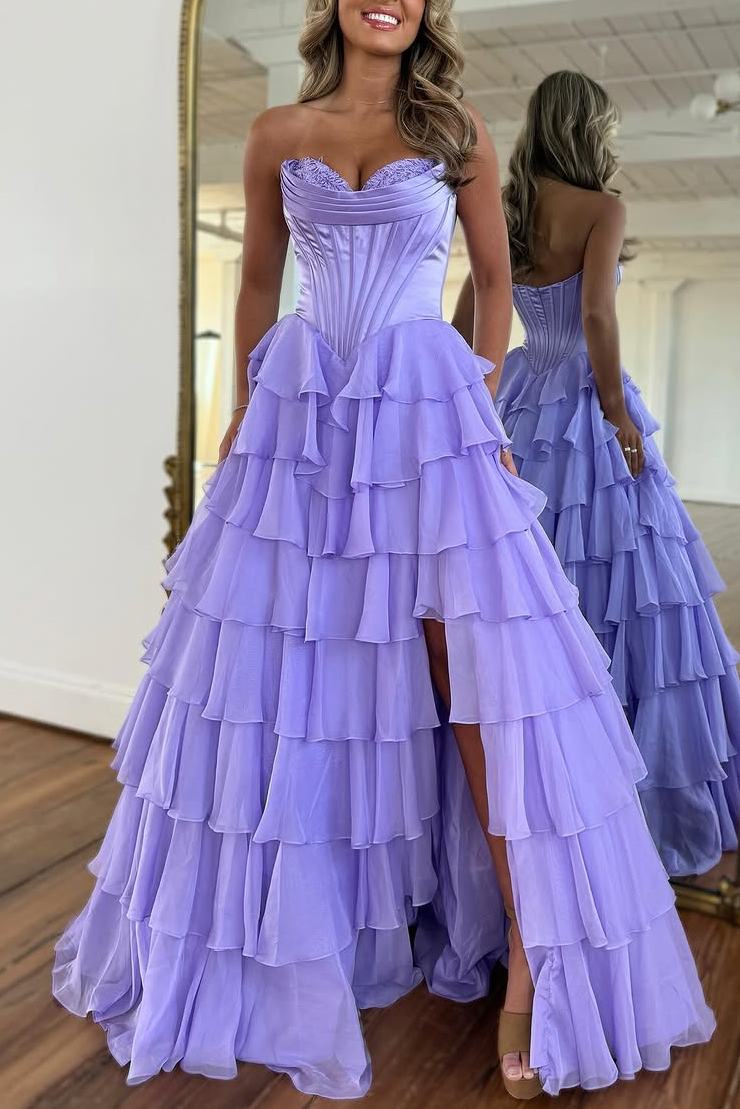 Sevoba|A-Line Strapless V-Neck Tiered Empire-Waist Long Prom Dress