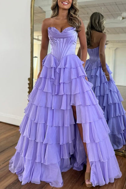 Sevoba|A-Line Strapless V-Neck Tiered Empire-Waist Long Prom Dress