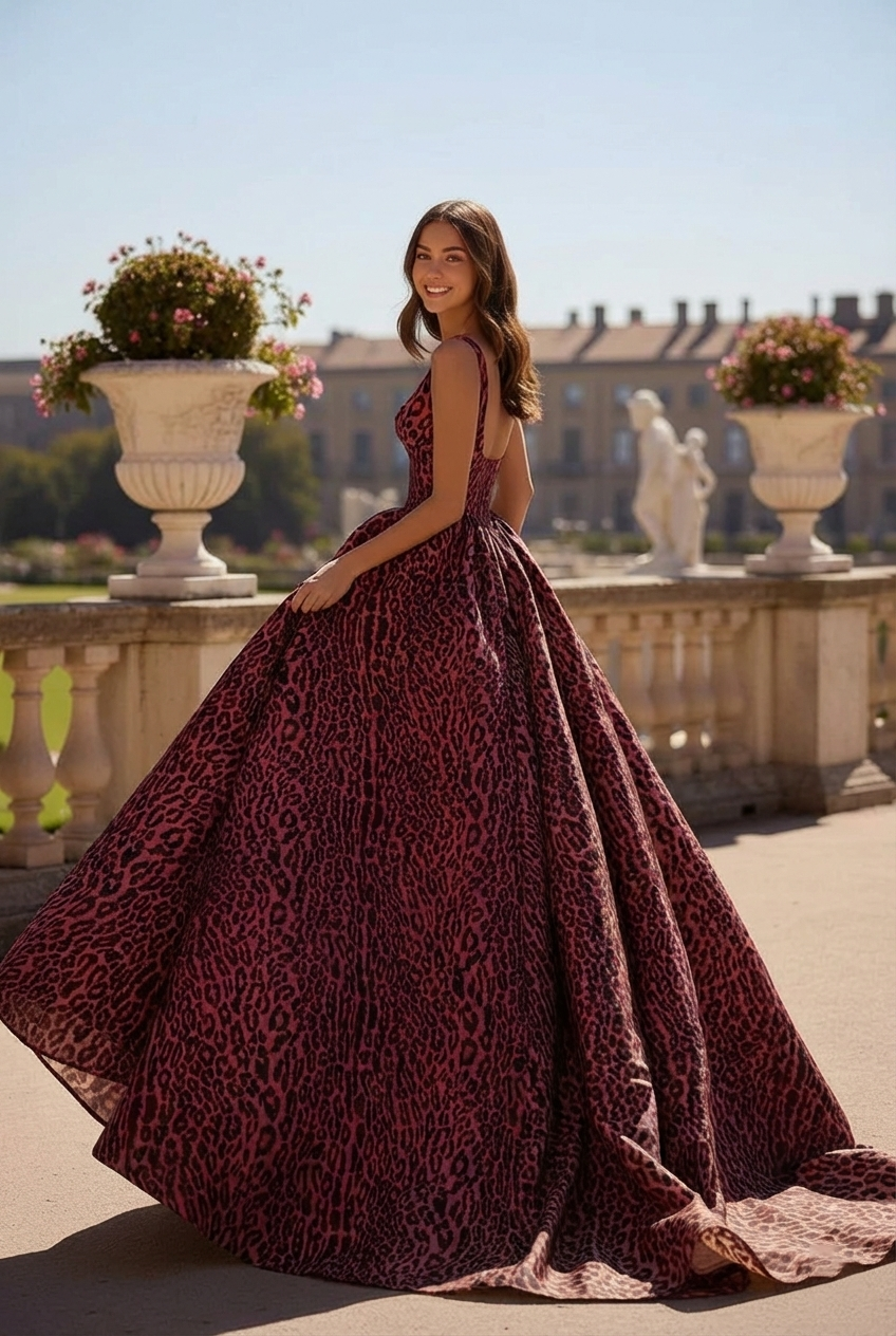 Soft Square Neck Leopard Print Ball Gown Prom Dress | Sevoba