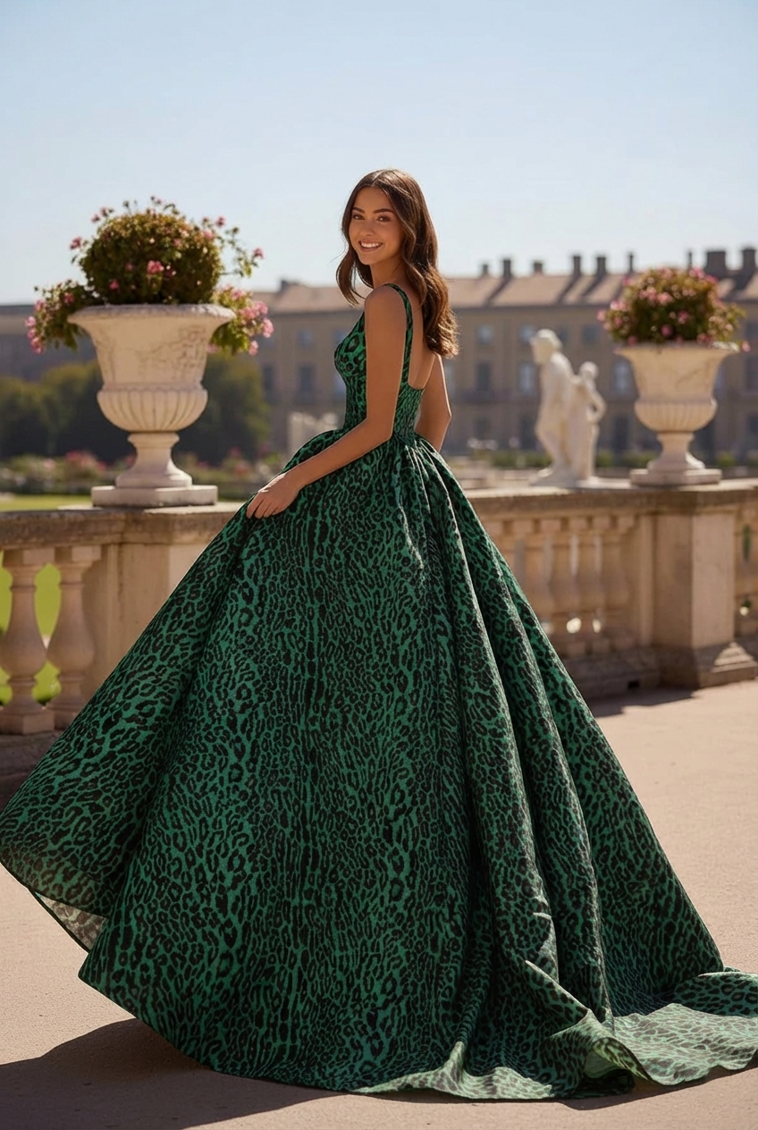 Soft Square Neck Leopard Print Ball Gown Prom Dress | Sevoba