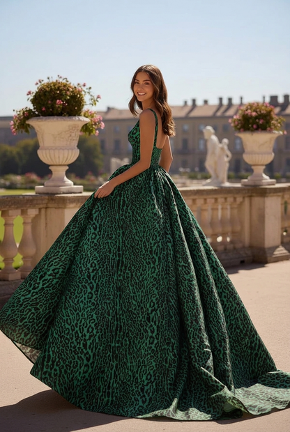 Soft Square Neck Leopard Print Ball Gown Prom Dress | Sevoba