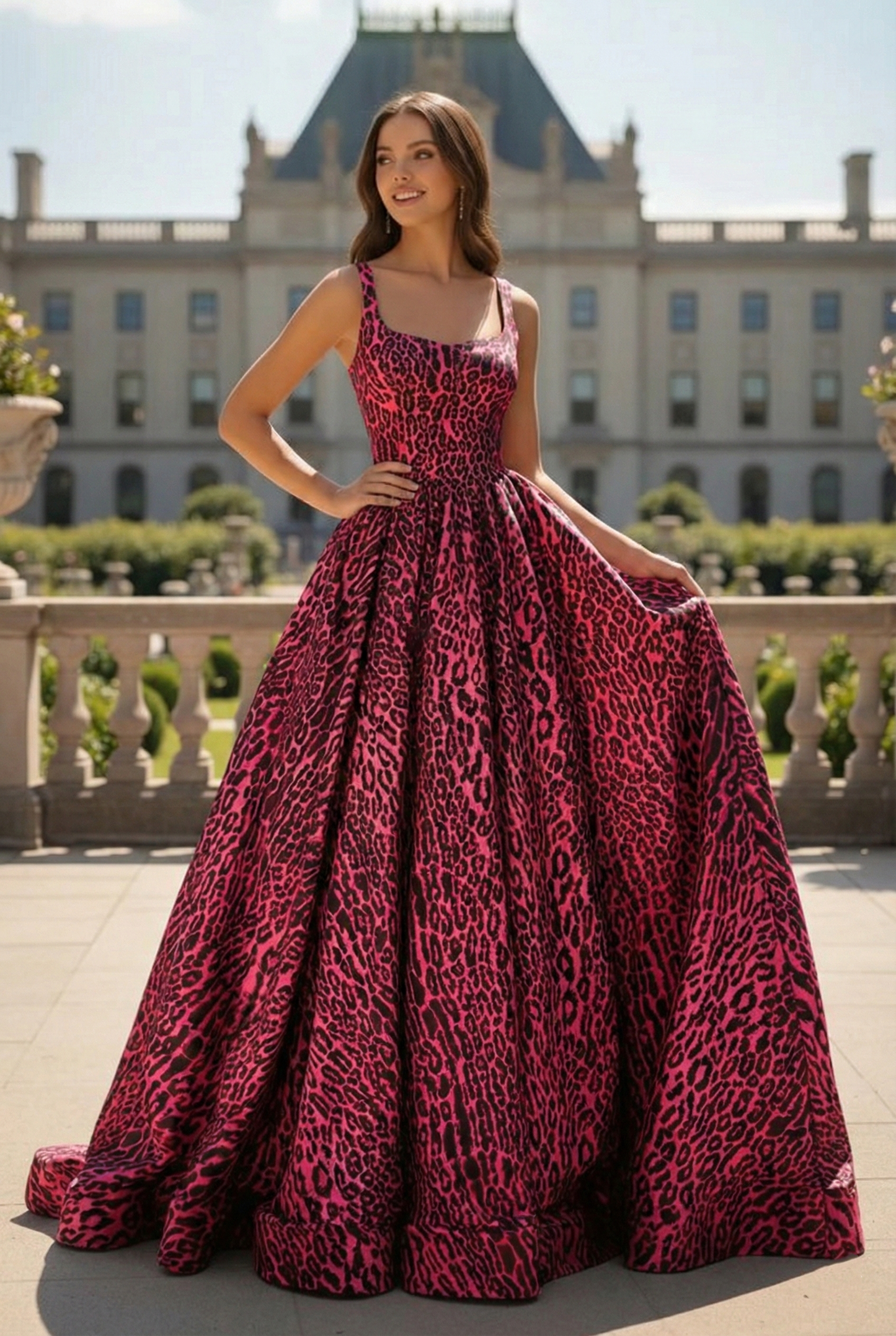 Soft Square Neck Leopard Print Ball Gown Prom Dress | Sevoba