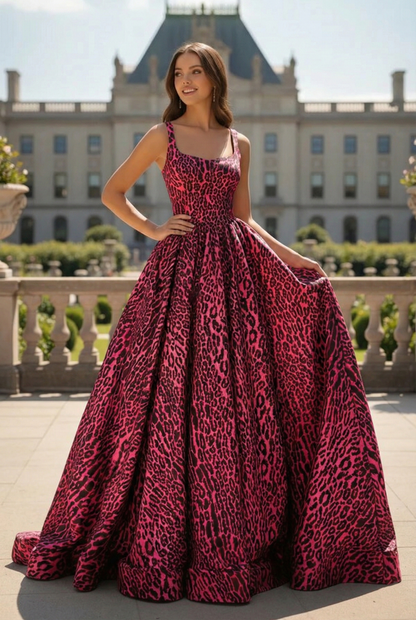 Soft Square Neck Leopard Print Ball Gown Prom Dress | Sevoba