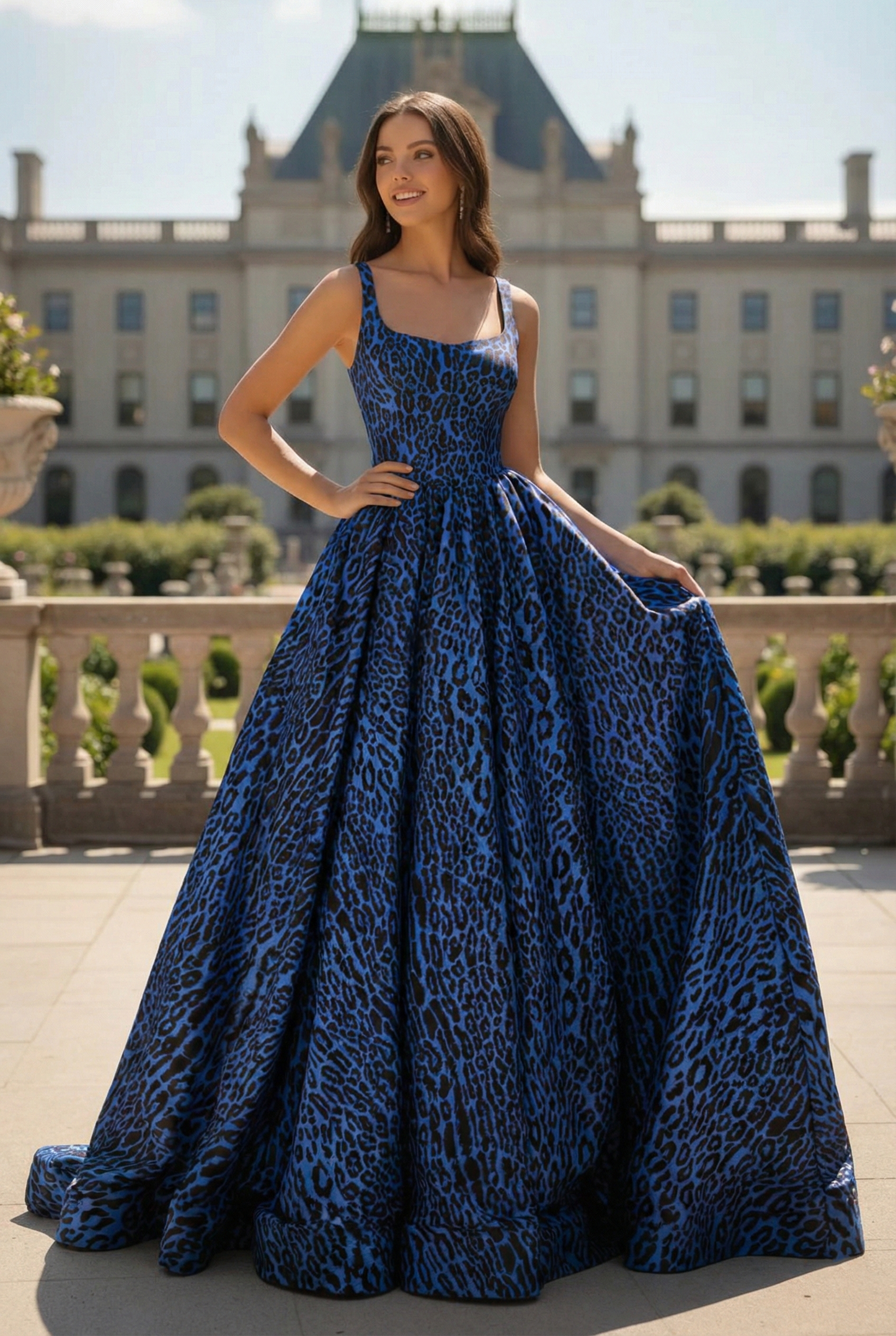 Soft Square Neck Leopard Print Ball Gown Prom Dress | Sevoba