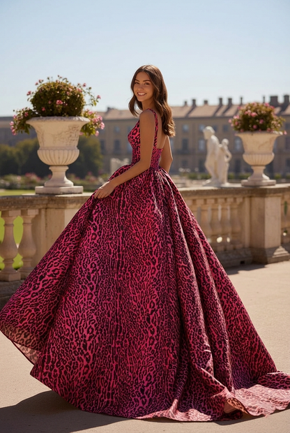Soft Square Neck Leopard Print Ball Gown Prom Dress | Sevoba