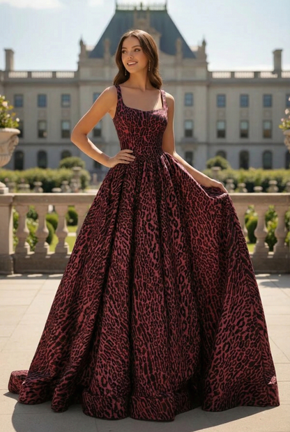 Soft Square Neck Leopard Print Ball Gown Prom Dress | Sevoba