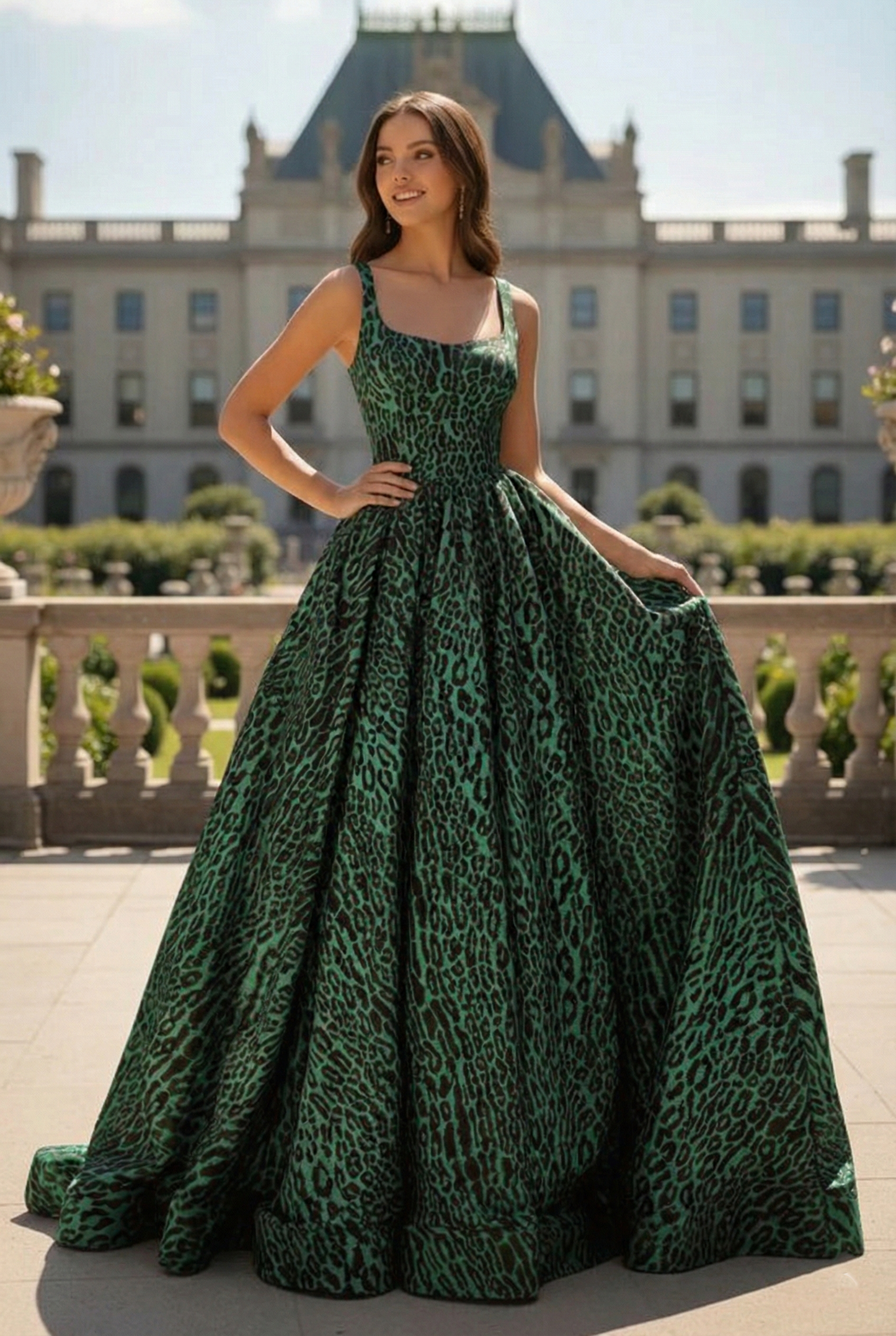 Soft Square Neck Leopard Print Ball Gown Prom Dress | Sevoba