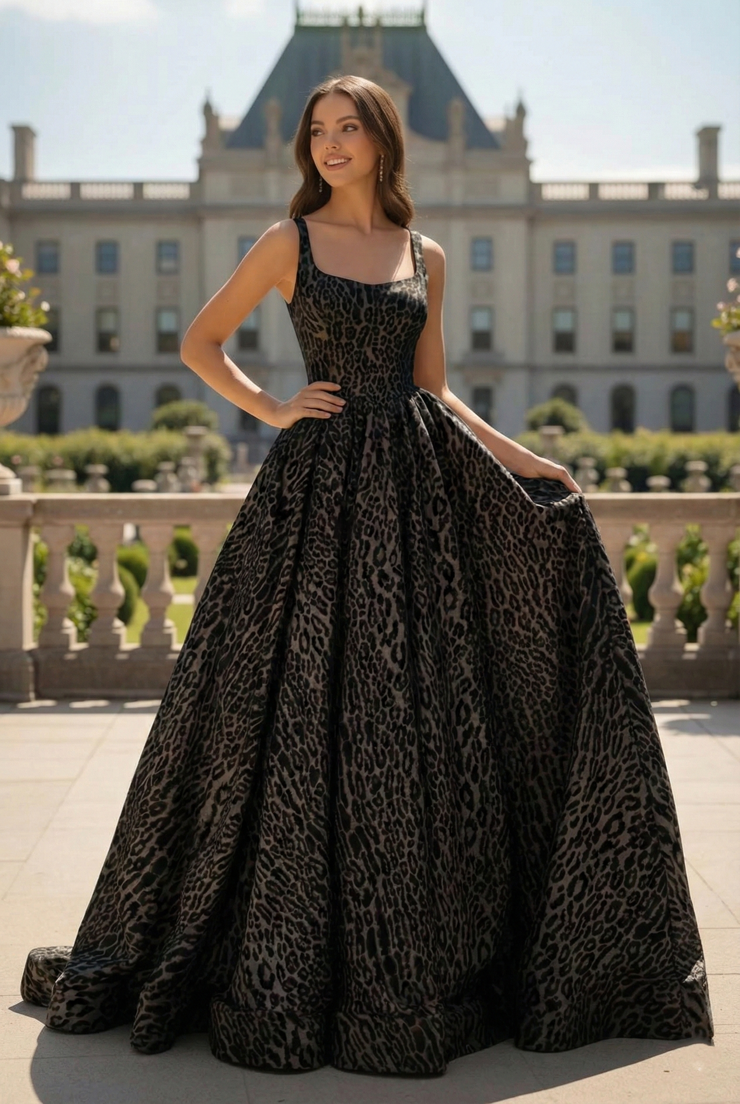 Soft Square Neck Leopard Print Ball Gown Prom Dress | Sevoba