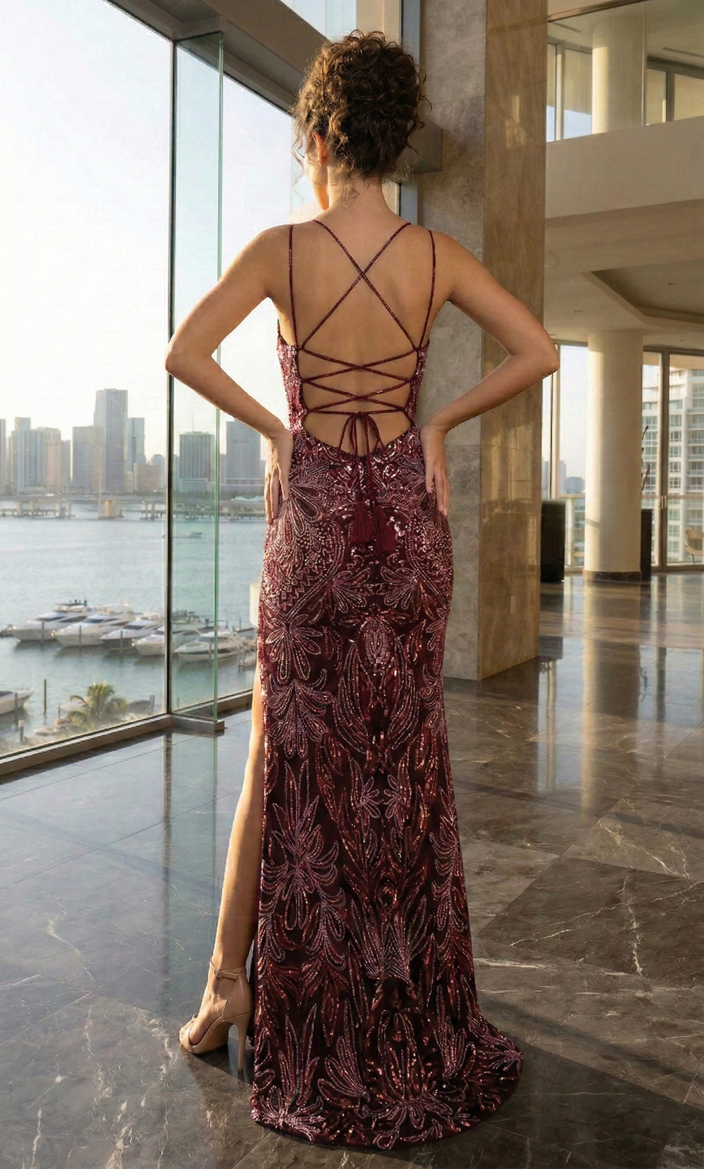 Spaghetti Strap Beaded Lace-Up Mermaid Prom Dress with High Slit | Sevoba
