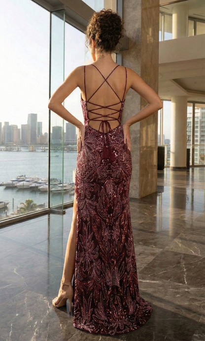 Spaghetti Strap Beaded Lace-Up Mermaid Prom Dress with High Slit | Sevoba