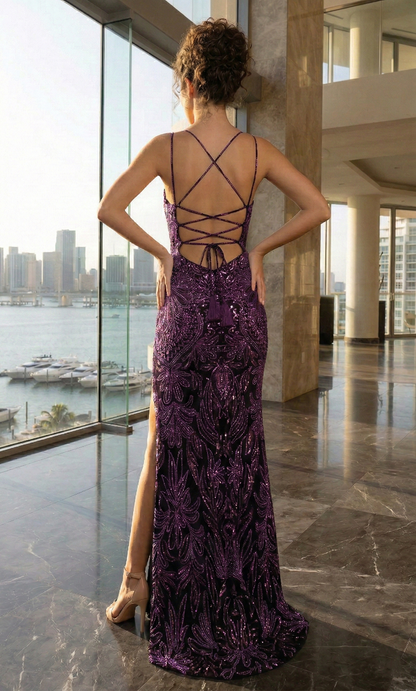 Spaghetti Strap Beaded Lace-Up Mermaid Prom Dress with High Slit | Sevoba