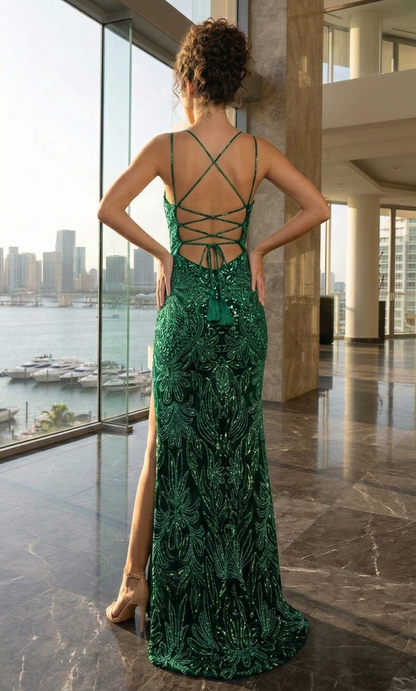 Spaghetti Strap Beaded Lace-Up Mermaid Prom Dress with High Slit | Sevoba