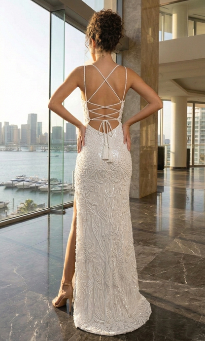 Spaghetti Strap Beaded Lace-Up Mermaid Prom Dress with High Slit | Sevoba