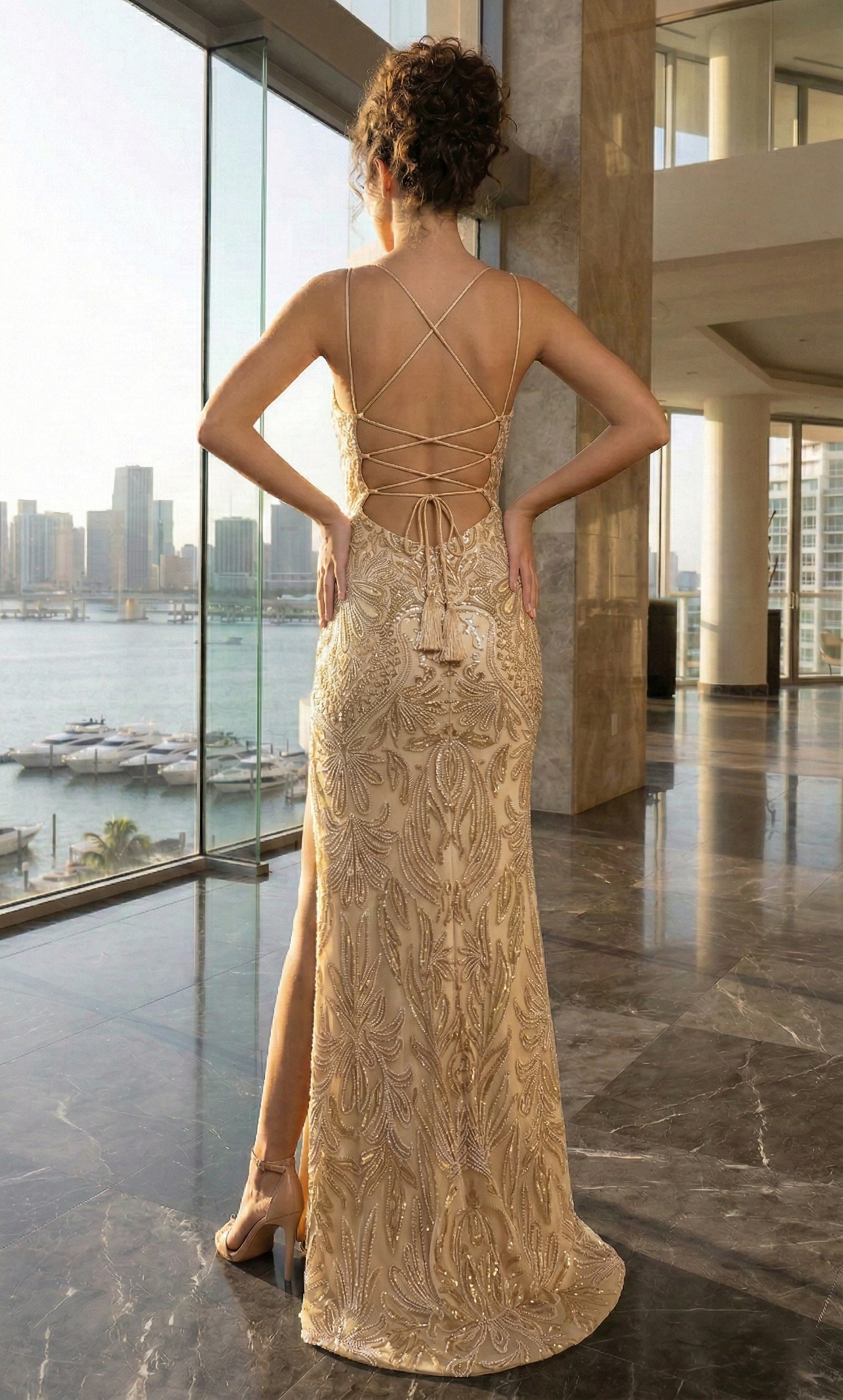 Spaghetti Strap Beaded Lace-Up Mermaid Prom Dress with High Slit | Sevoba