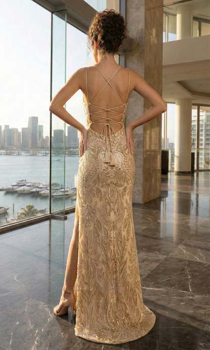 Spaghetti Strap Beaded Lace-Up Mermaid Prom Dress with High Slit | Sevoba