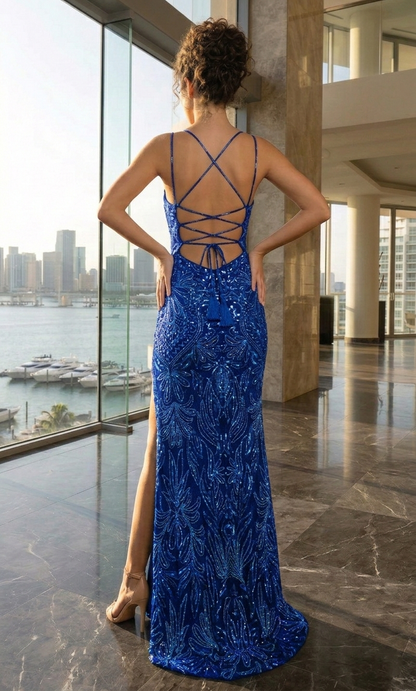 Spaghetti Strap Beaded Lace-Up Mermaid Prom Dress with High Slit | Sevoba
