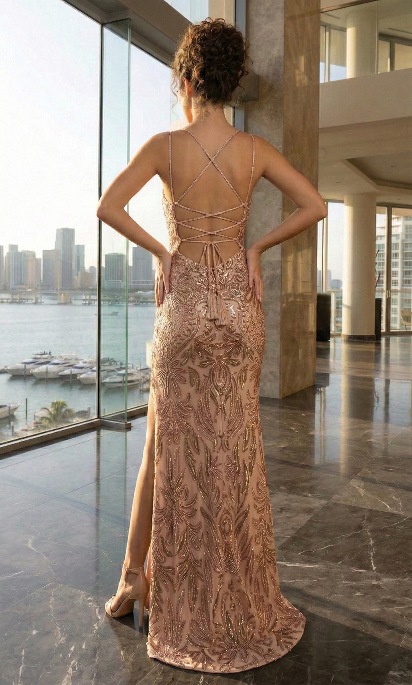 Spaghetti Strap Beaded Lace-Up Mermaid Prom Dress with High Slit | Sevoba