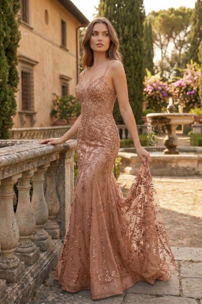 Spaghetti Strap Deep V-Neck Floral Lace Mermaid Prom Dress with Corset Back | Sevoba
