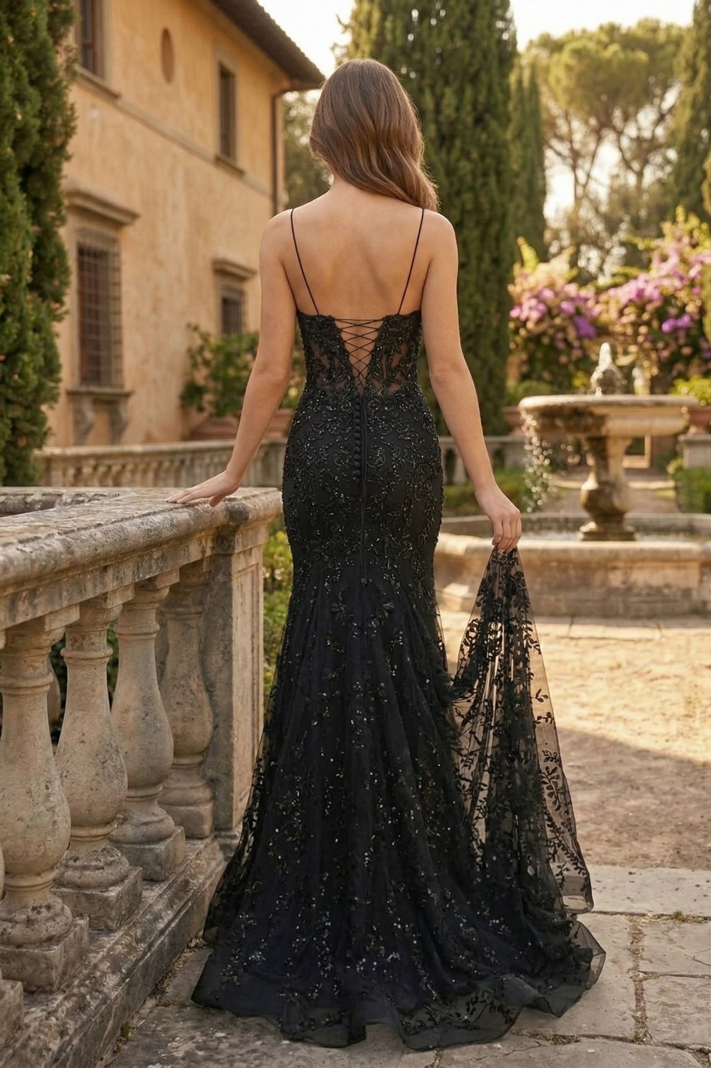 Spaghetti Strap Deep V-Neck Floral Lace Mermaid Prom Dress with Corset Back | Sevoba