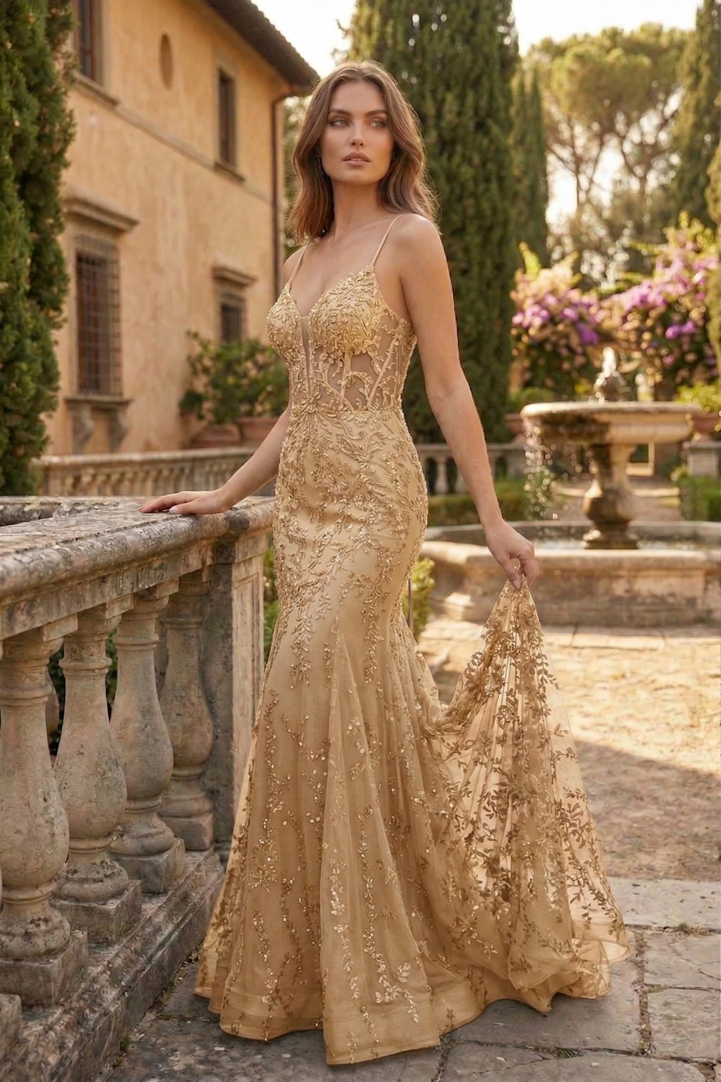 Spaghetti Strap Deep V-Neck Floral Lace Mermaid Prom Dress with Corset Back | Sevoba