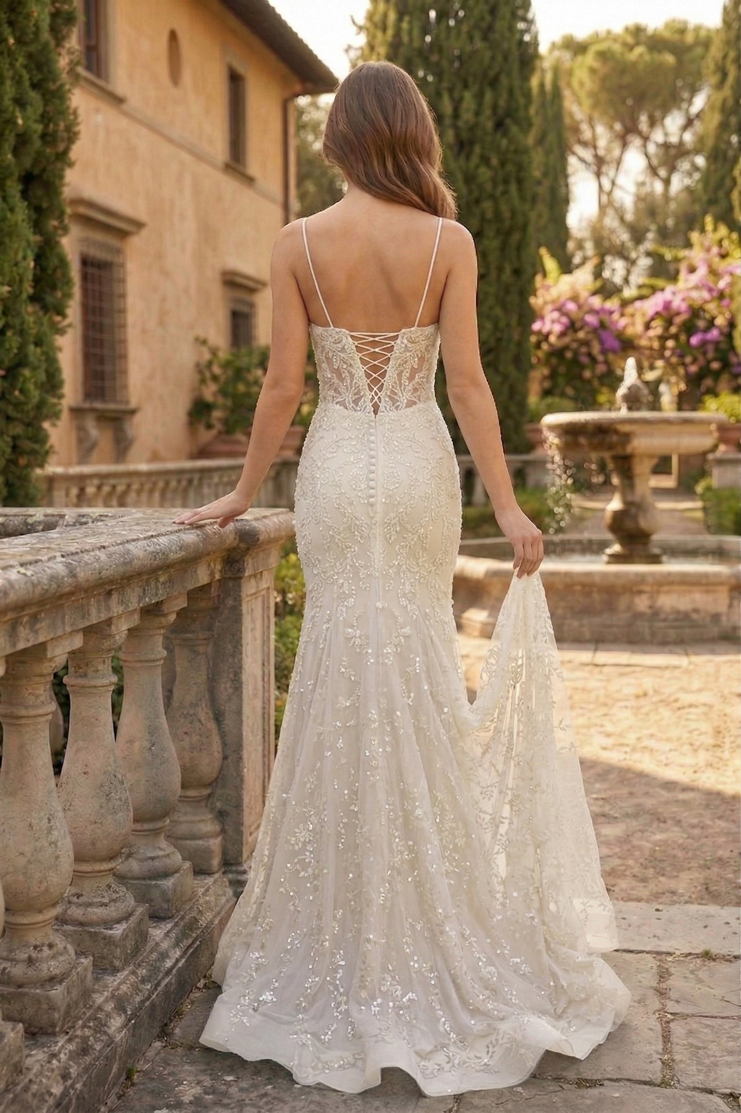 Spaghetti Strap Deep V-Neck Floral Lace Mermaid Prom Dress with Corset Back | Sevoba
