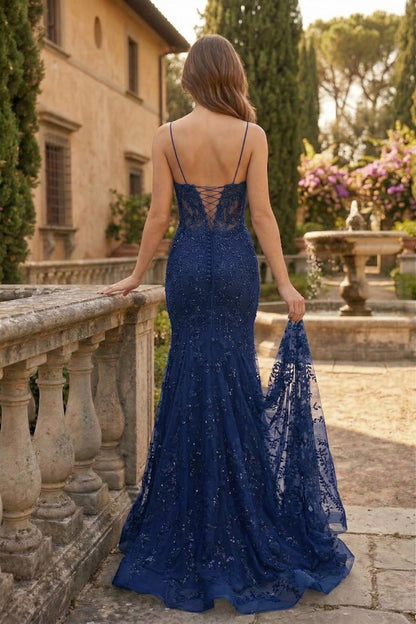 Spaghetti Strap Deep V-Neck Floral Lace Mermaid Prom Dress with Corset Back | Sevoba