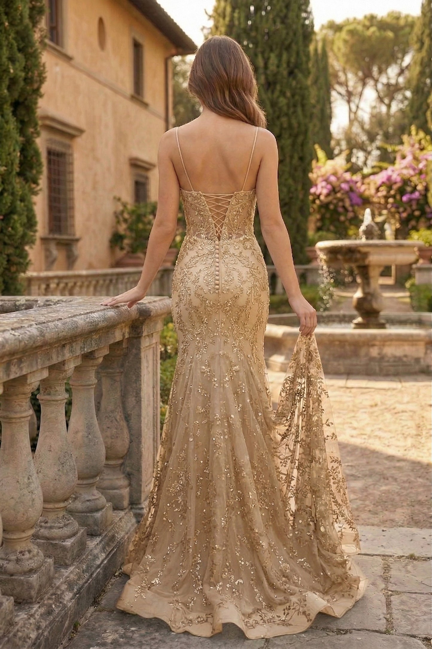 Spaghetti Strap Deep V-Neck Floral Lace Mermaid Prom Dress with Corset Back | Sevoba