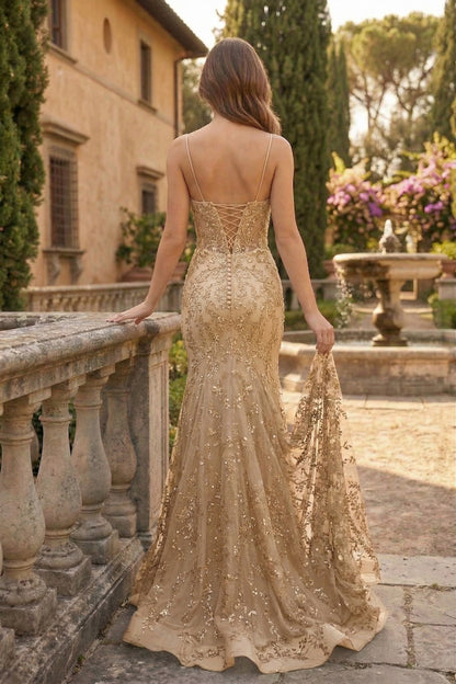 Spaghetti Strap Deep V-Neck Floral Lace Mermaid Prom Dress with Corset Back | Sevoba