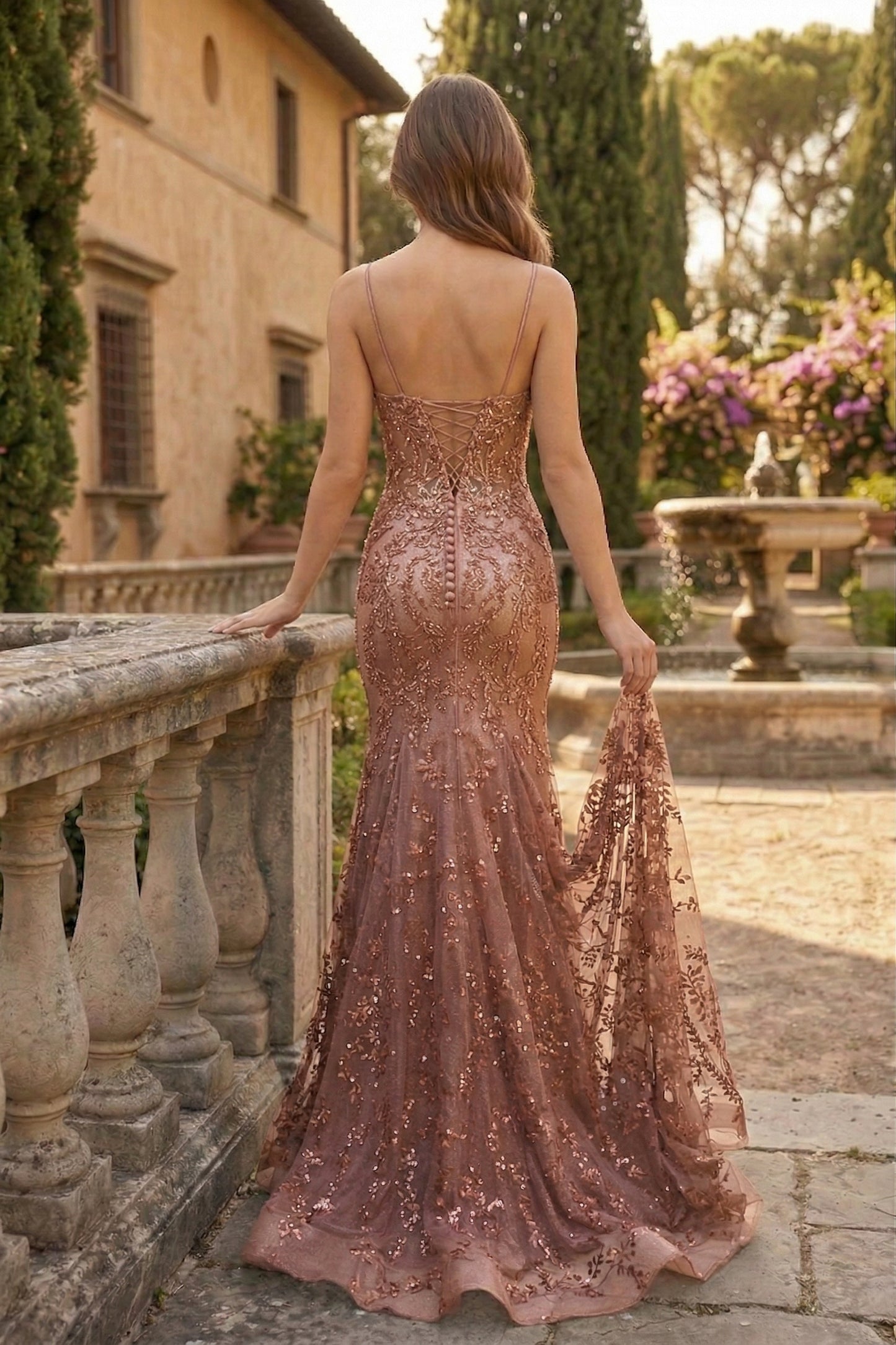 Spaghetti Strap Deep V-Neck Floral Lace Mermaid Prom Dress with Corset Back | Sevoba