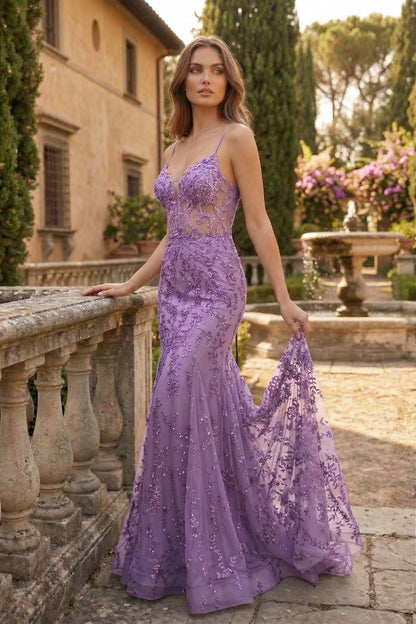 Spaghetti Strap Deep V-Neck Floral Lace Mermaid Prom Dress with Corset Back | Sevoba
