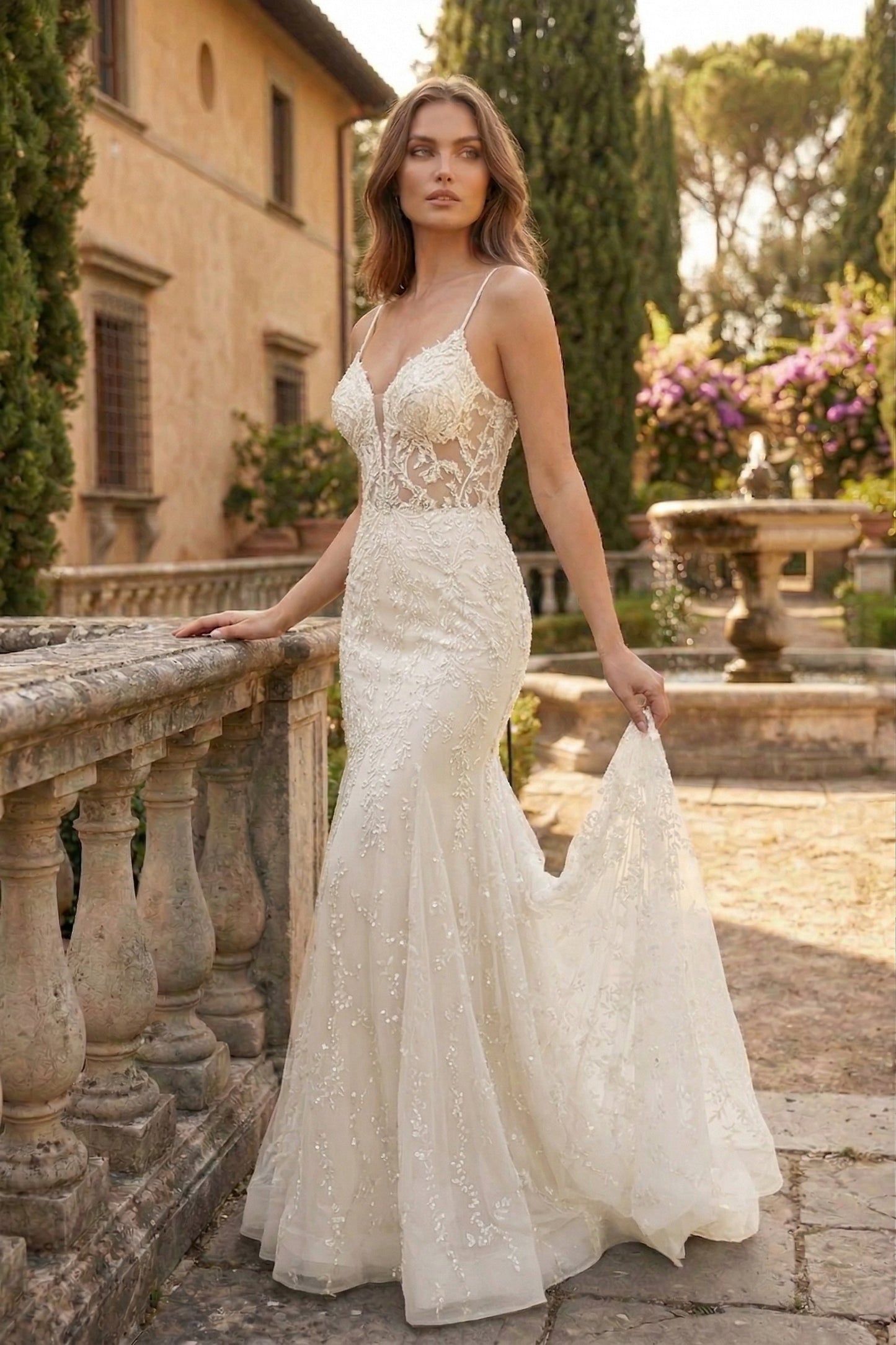 Spaghetti Strap Deep V-Neck Floral Lace Mermaid Prom Dress with Corset Back | Sevoba