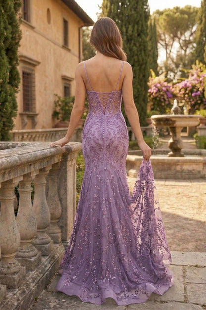 Spaghetti Strap Deep V-Neck Floral Lace Mermaid Prom Dress with Corset Back | Sevoba