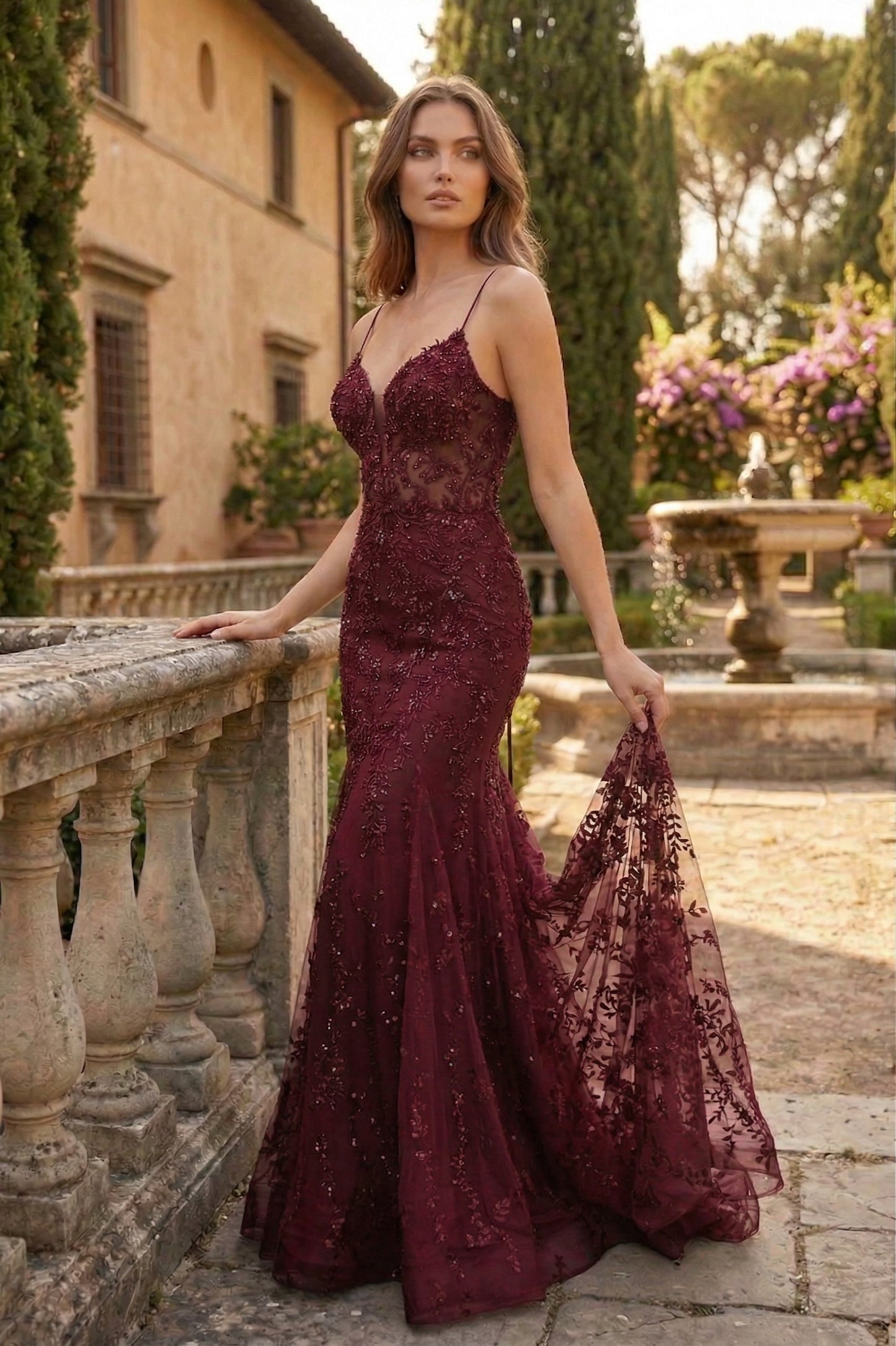 Spaghetti Strap Deep V-Neck Floral Lace Mermaid Prom Dress with Corset Back | Sevoba