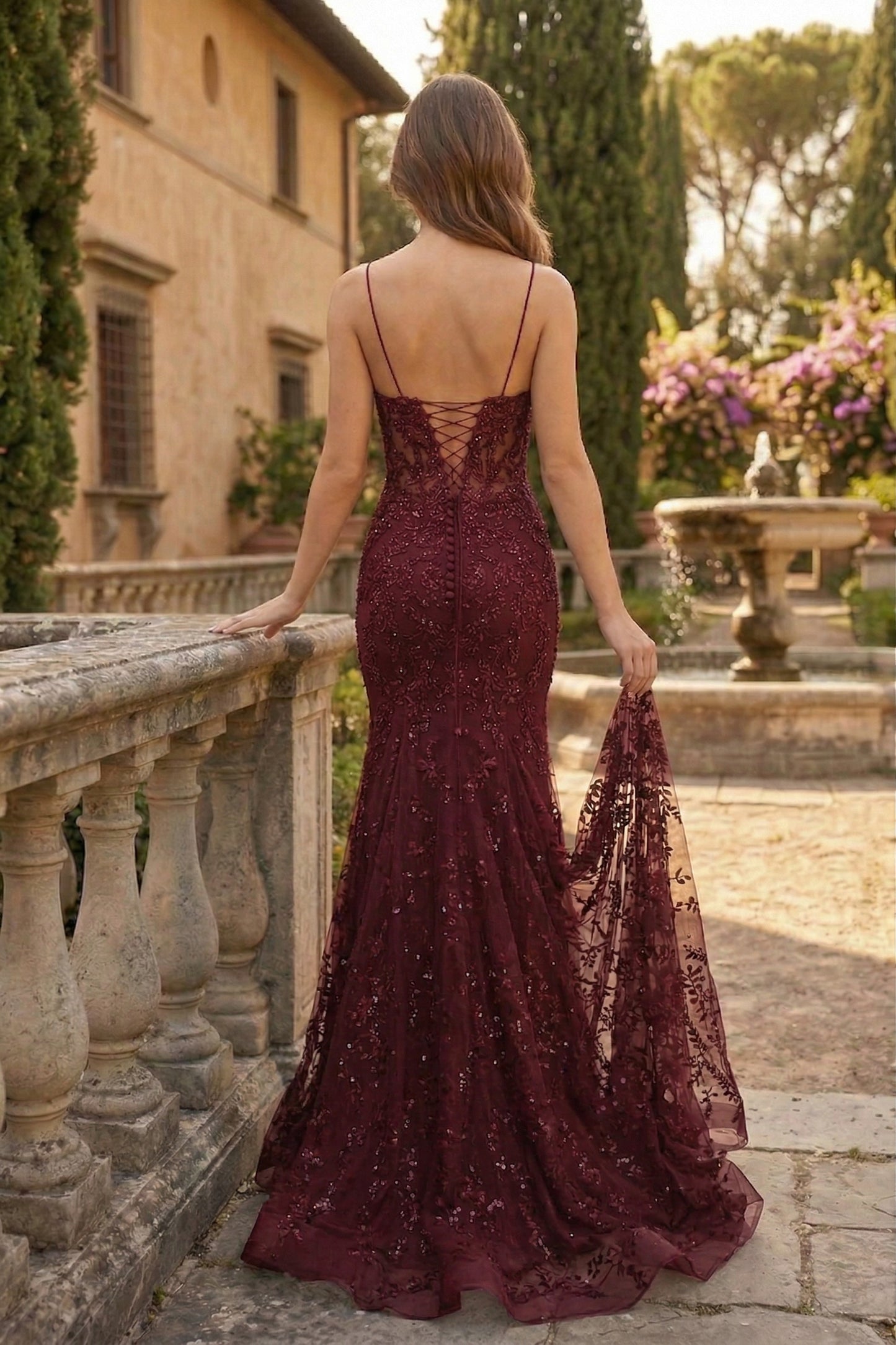 Spaghetti Strap Deep V-Neck Floral Lace Mermaid Prom Dress with Corset Back | Sevoba