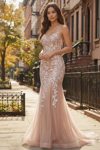 Spaghetti Strap Floral Lace Mermaid Prom Dress | Sevoba