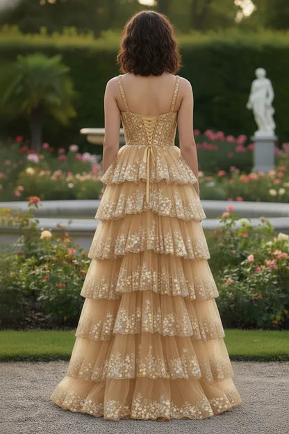 Spaghetti Strap Floral Sequin Tiered Prom Dress with Slit | Sevoba