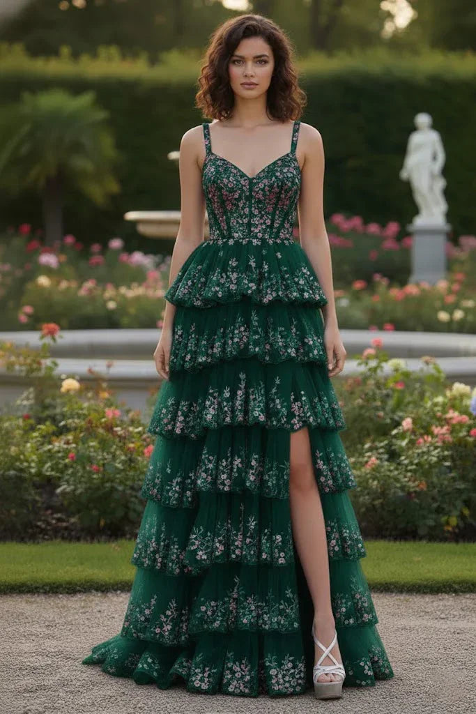 Spaghetti Strap Floral Sequin Tiered Prom Dress with Slit | Sevoba