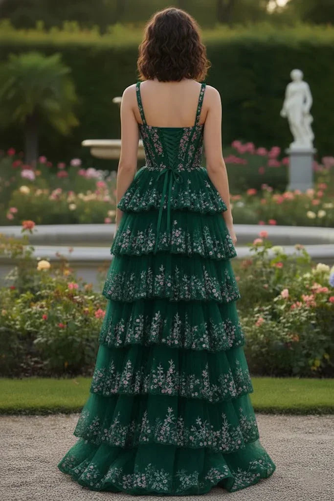 Spaghetti Strap Floral Sequin Tiered Prom Dress with Slit | Sevoba