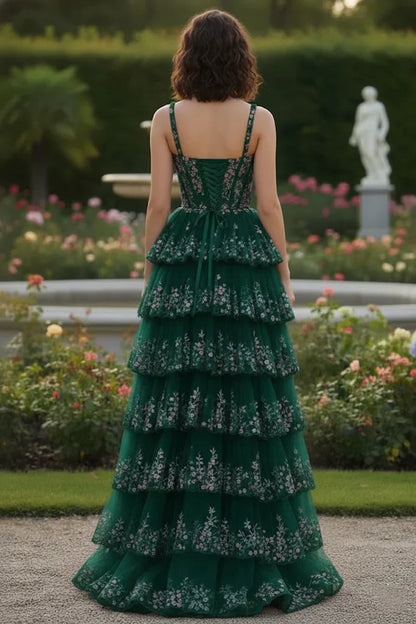 Spaghetti Strap Floral Sequin Tiered Prom Dress with Slit | Sevoba