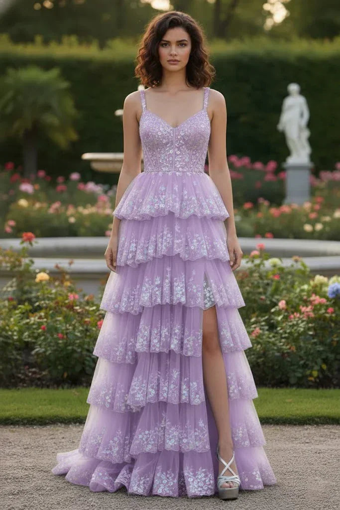 Spaghetti Strap Floral Sequin Tiered Prom Dress with Slit | Sevoba