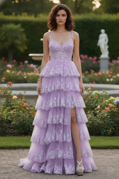 Spaghetti Strap Floral Sequin Tiered Prom Dress with Slit | Sevoba