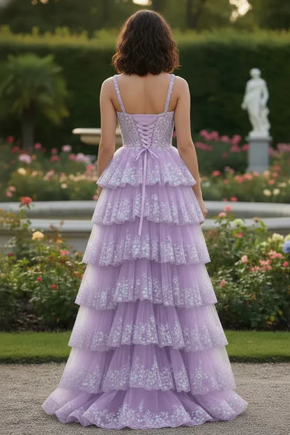 Spaghetti Strap Floral Sequin Tiered Prom Dress with Slit | Sevoba