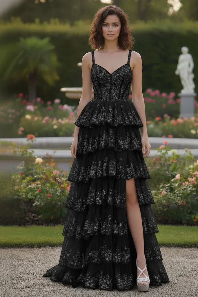 Spaghetti Strap Floral Sequin Tiered Prom Dress with Slit | Sevoba