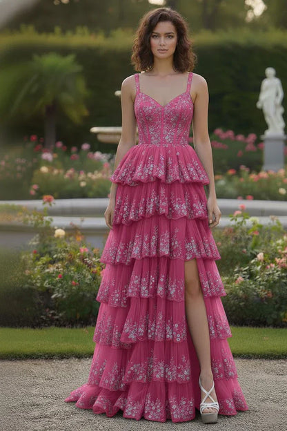 Spaghetti Strap Floral Sequin Tiered Prom Dress with Slit | Sevoba