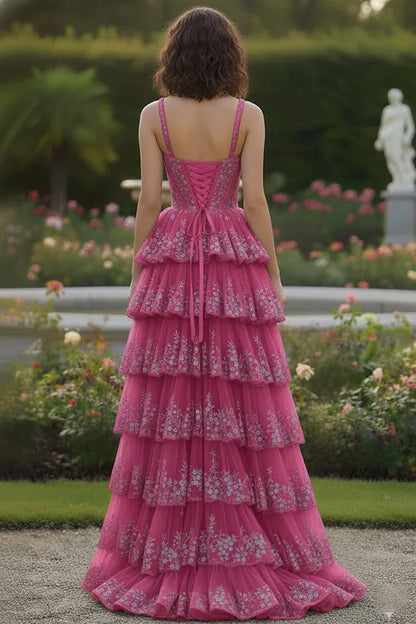 Spaghetti Strap Floral Sequin Tiered Prom Dress with Slit | Sevoba