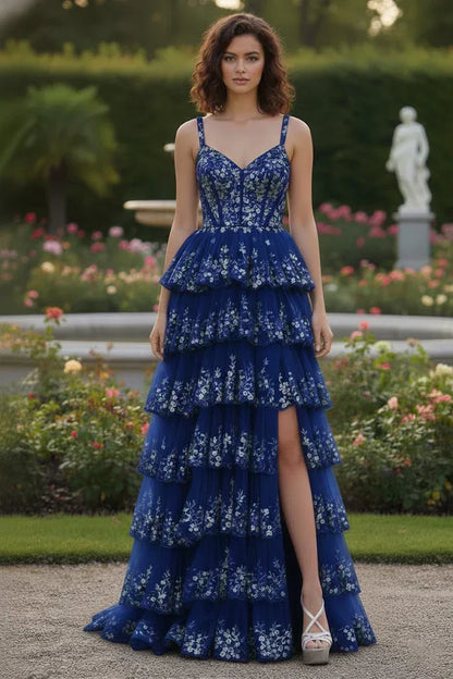 Spaghetti Strap Floral Sequin Tiered Prom Dress with Slit | Sevoba