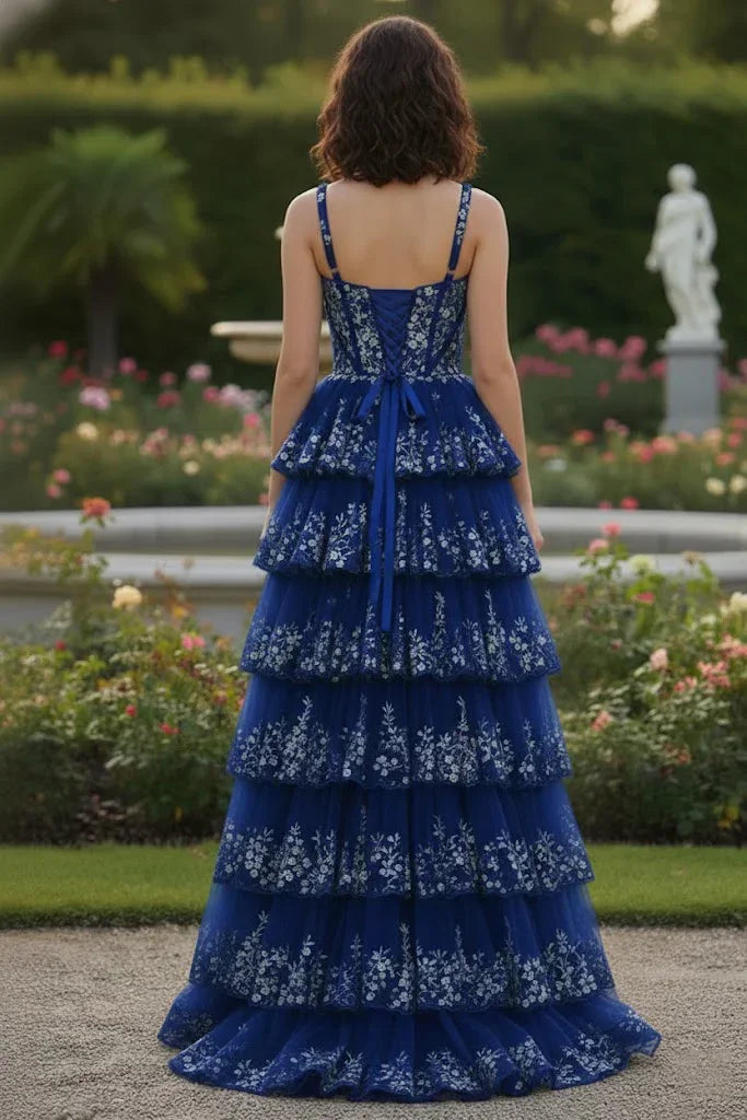 Spaghetti Strap Floral Sequin Tiered Prom Dress with Slit | Sevoba